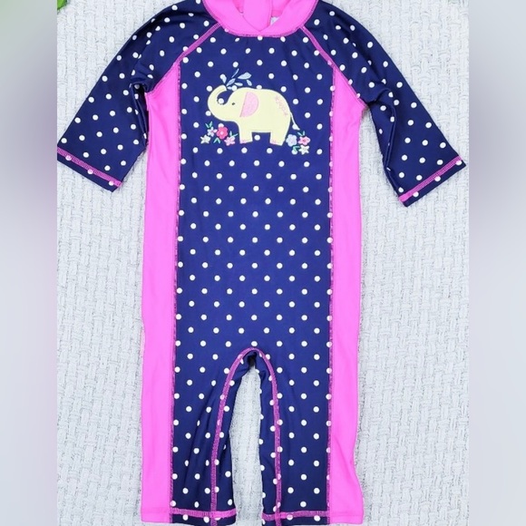 GUC 2-3 yr JoJo Maman Bebe Blue and Pink Polka Dot Elephant Rash Guard - Picture 5 of 6